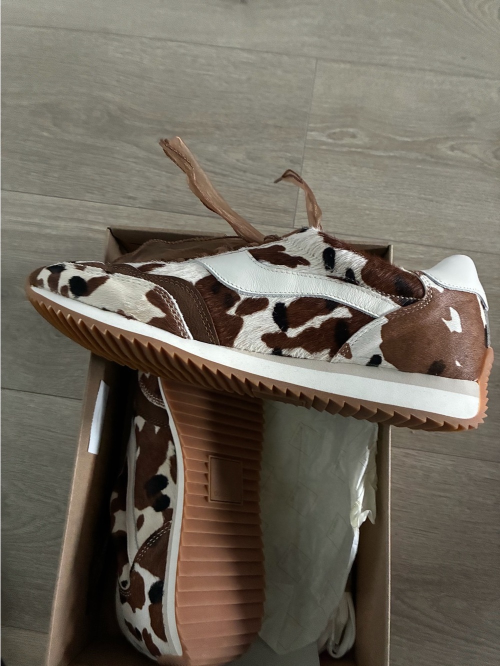 Ladies Brown and White Cow-Print Sneakers - Stylish Everyday Shoes - Picture 2 of 6
